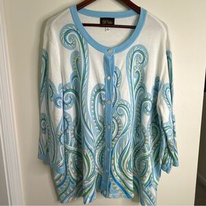 Bob Mackie 100% Cotton Paisley Swirl 3/4 Sleeve Cardigan Size 3X